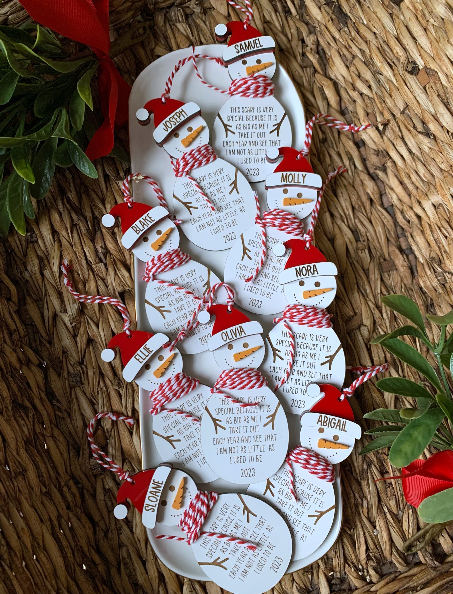Personalized christmas snowman ornament, child height ornament