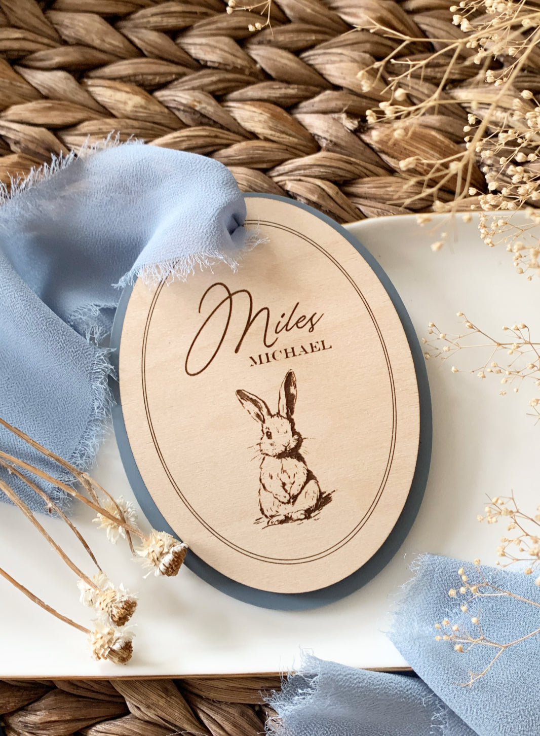 Vintage Scalloped Easter Bunny Basket tag, personalized first Easter tags
