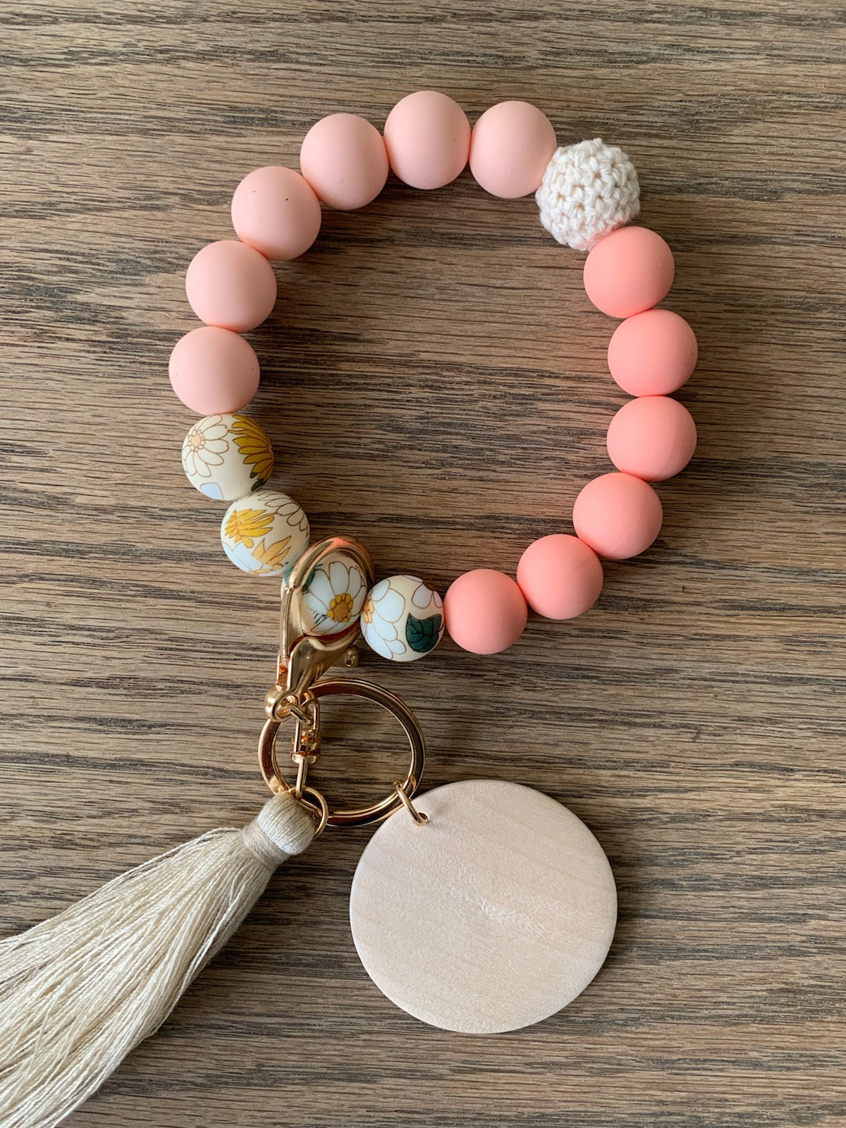 Set - Boho wristlet and wallet keychain set with personalized wood disc