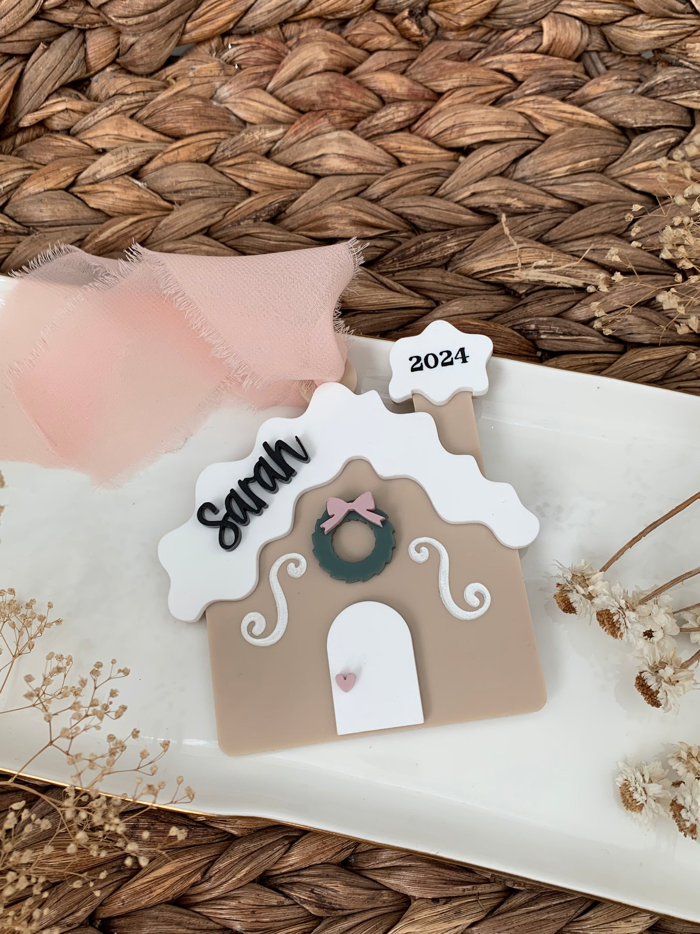 Gingerbread house ornament, personalized pink gingerbread house ornament, Christmas gift tag