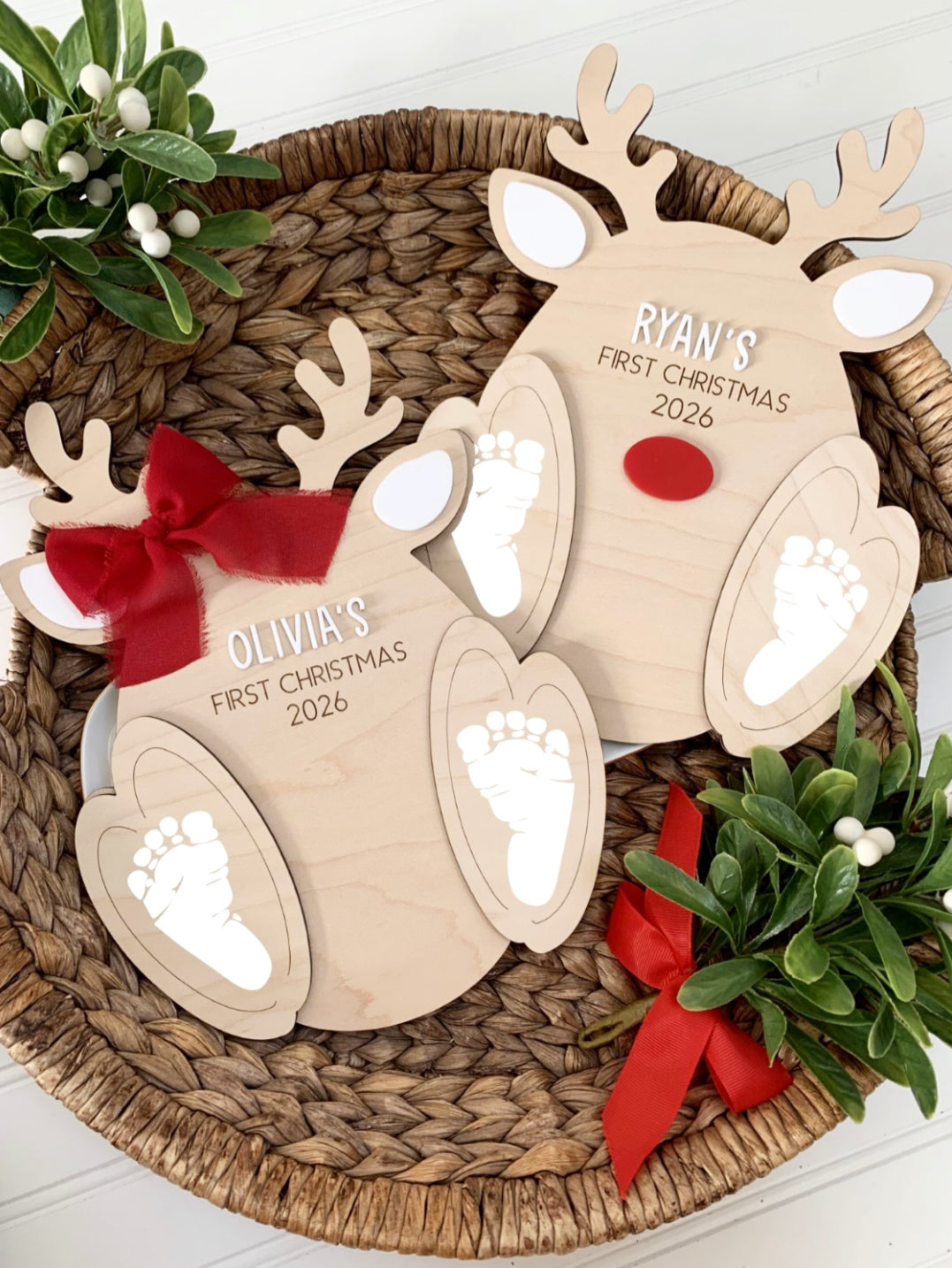 Baby’s First Christmas Reindeer Footprint Keepsake, Personalized Reindeer footprint Paint DIY Gift