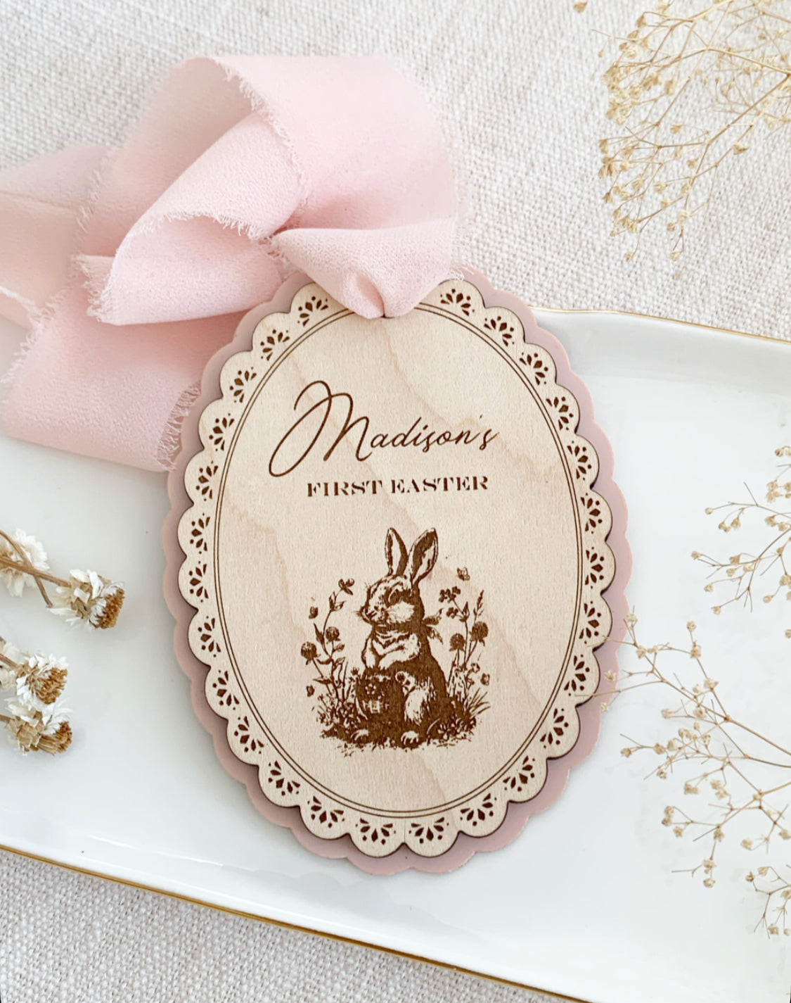 Vintage Scalloped Easter Bunny Basket tag, personalized first Easter tags