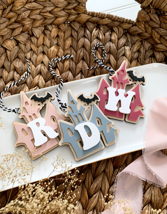 Haunted castle Halloween basket tag, spooky initial boo bag tag
