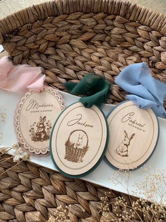 Vintage Scalloped Easter Bunny Basket tag, personalized first Easter tags