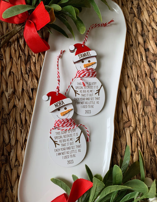 Personalized christmas snowman ornament, child height ornament