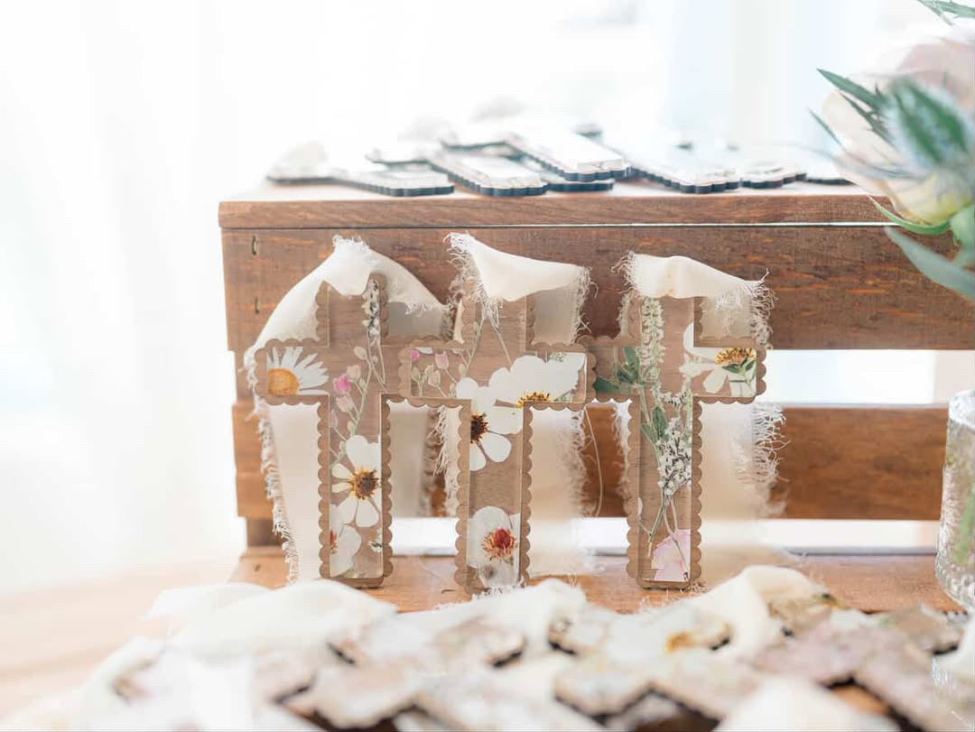 Floral acrylic, wood baptism communion favors, personalized gift favors