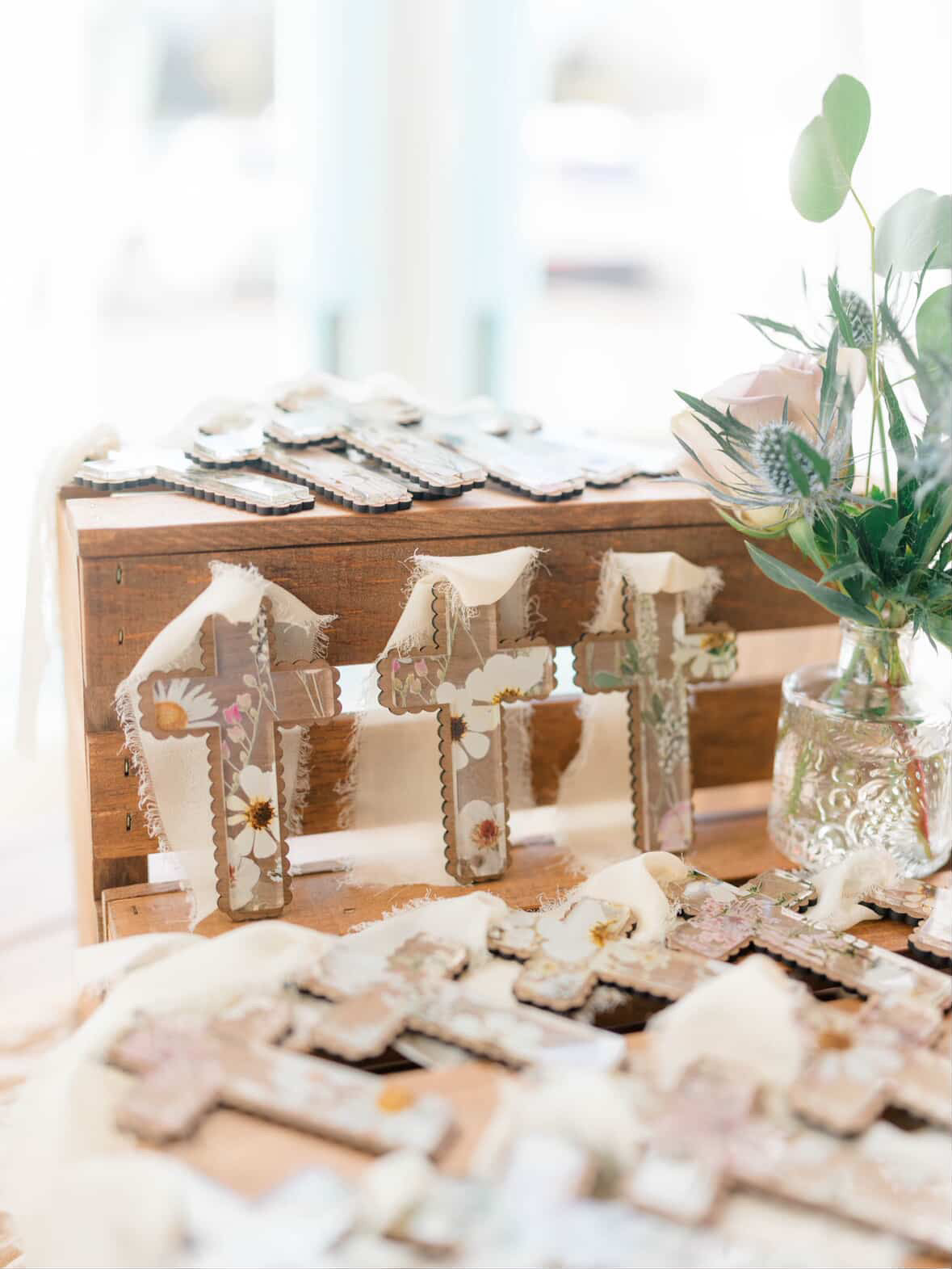 Floral acrylic, wood baptism communion favors, personalized gift favors