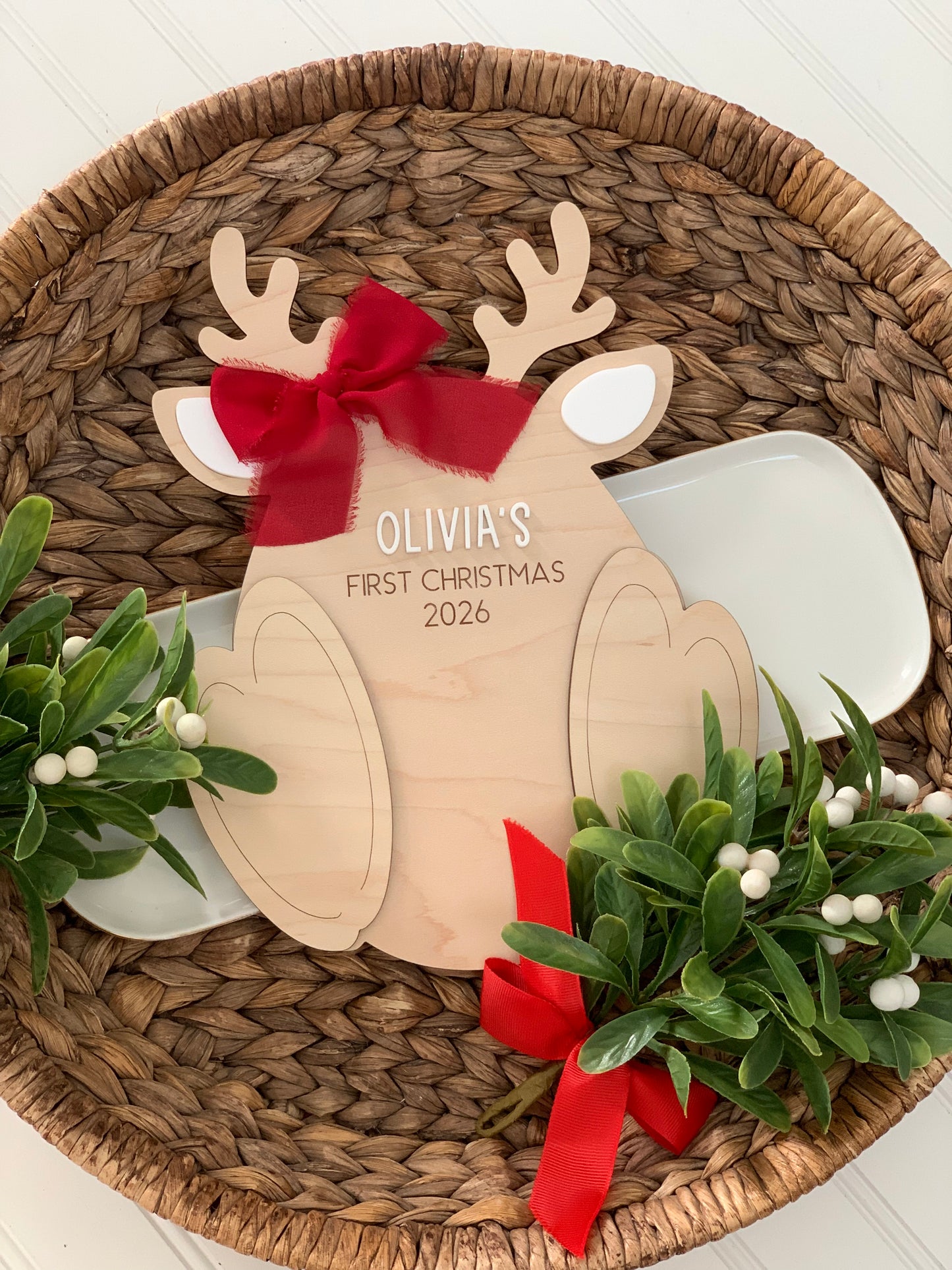 Baby’s First Christmas Reindeer Footprint Keepsake, Personalized Reindeer footprint Paint DIY Gift