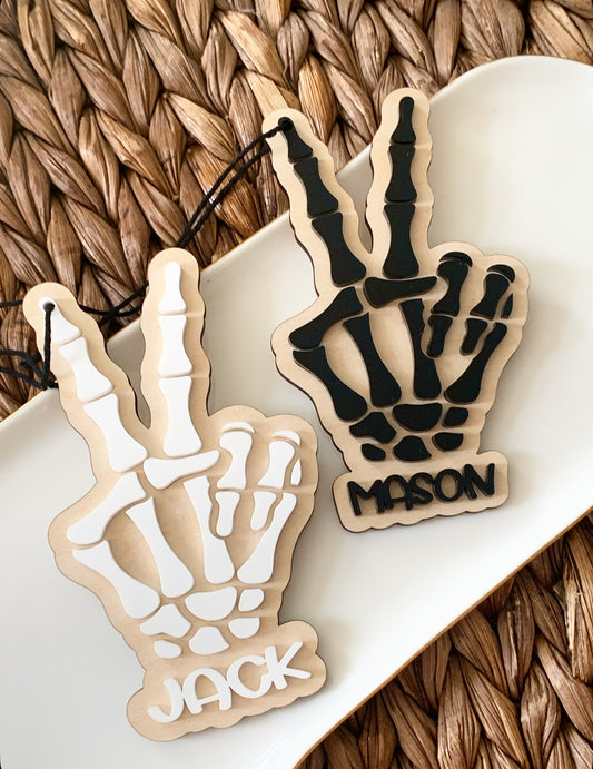 Skelton hand Halloween basket tag, peace sign skeleton