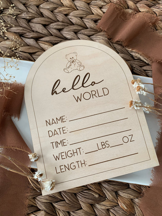 Hello world stat sign, teddy bear themed announcement plaque