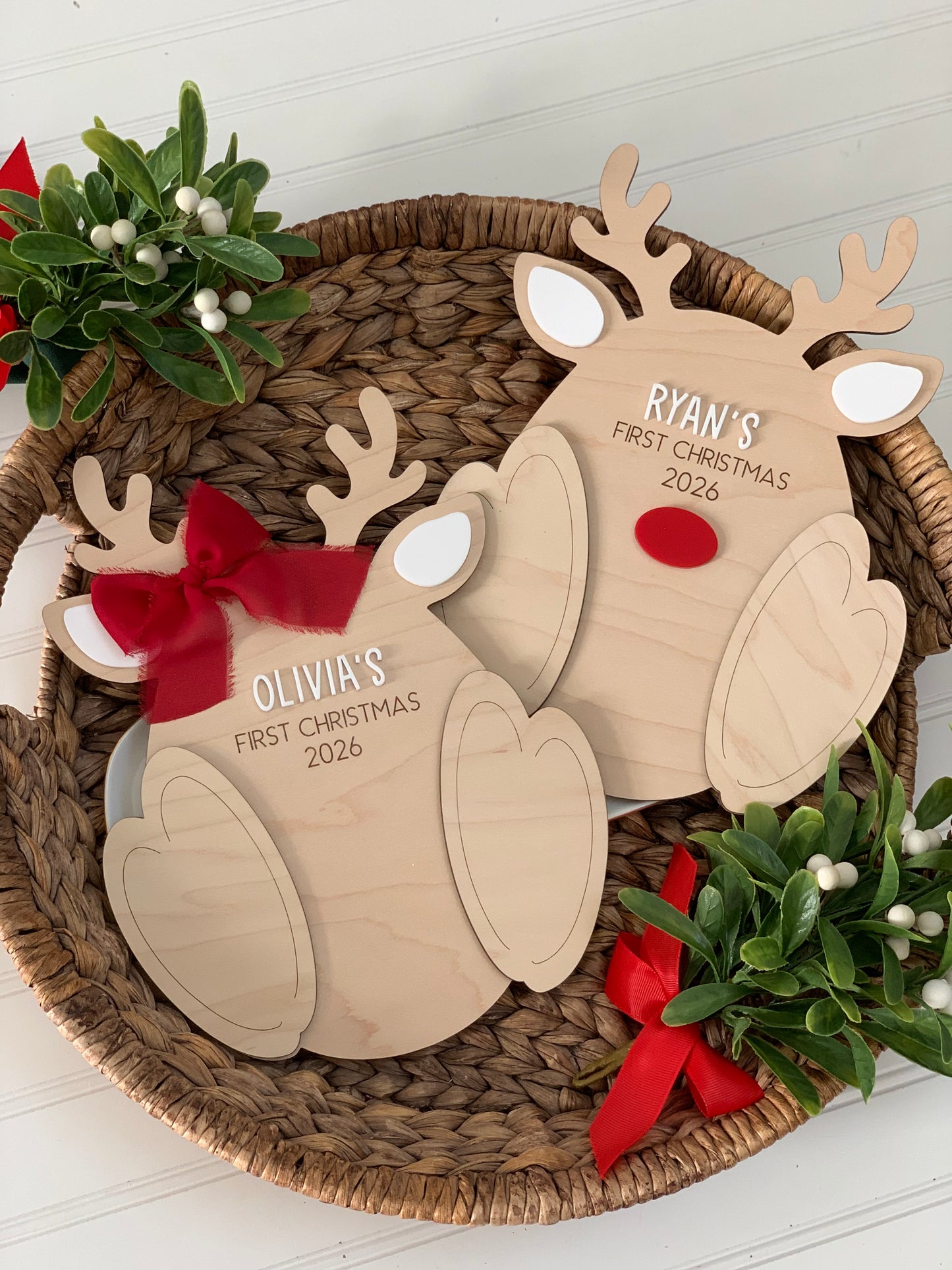 Baby’s First Christmas Reindeer Footprint Keepsake, Personalized Reindeer footprint Paint DIY Gift
