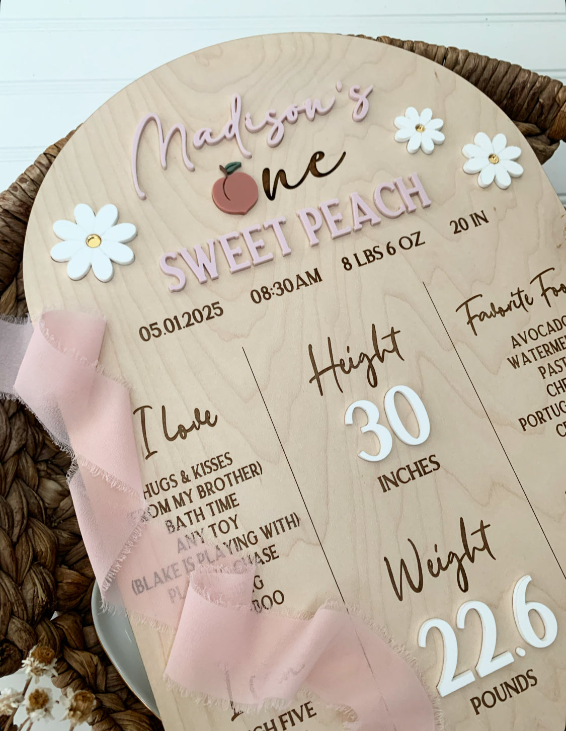 First Year Milestone Sign, peaches and daisies theme, one sweet peach