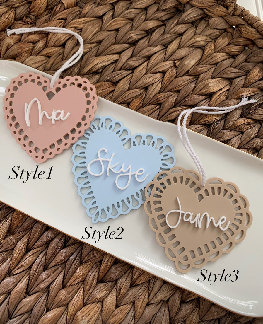 Valentine’s Day Lace heart tags, doily personalized bag basket tags