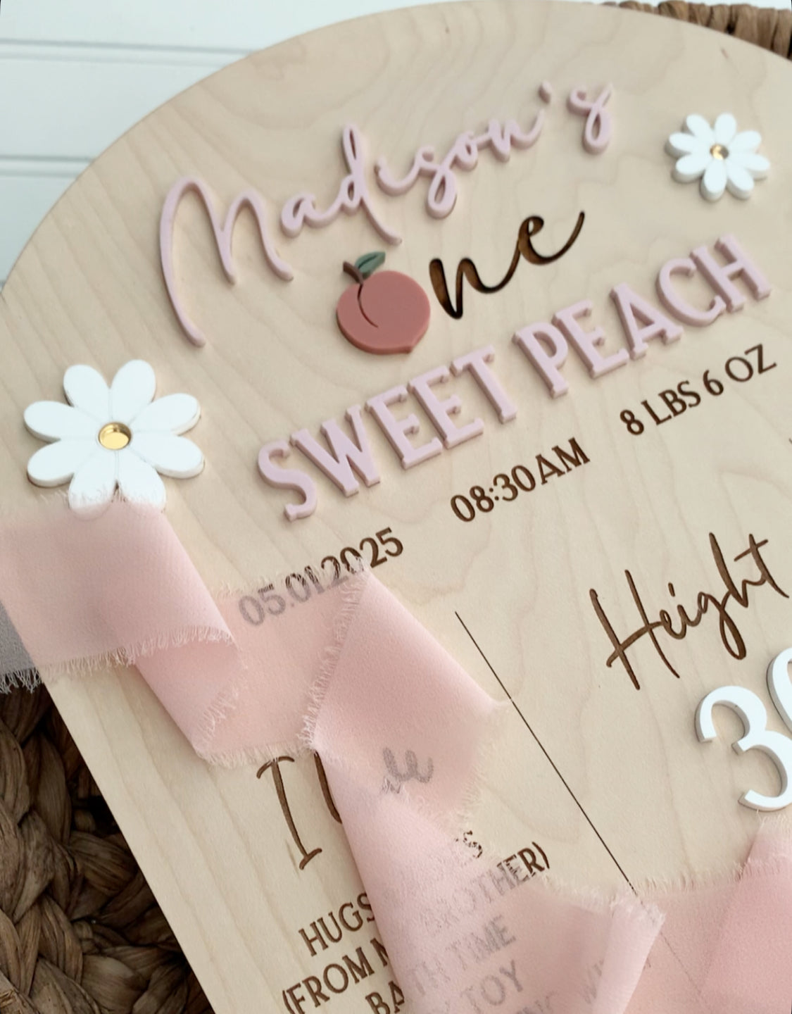 First Year Milestone Sign, peaches and daisies theme, one sweet peach