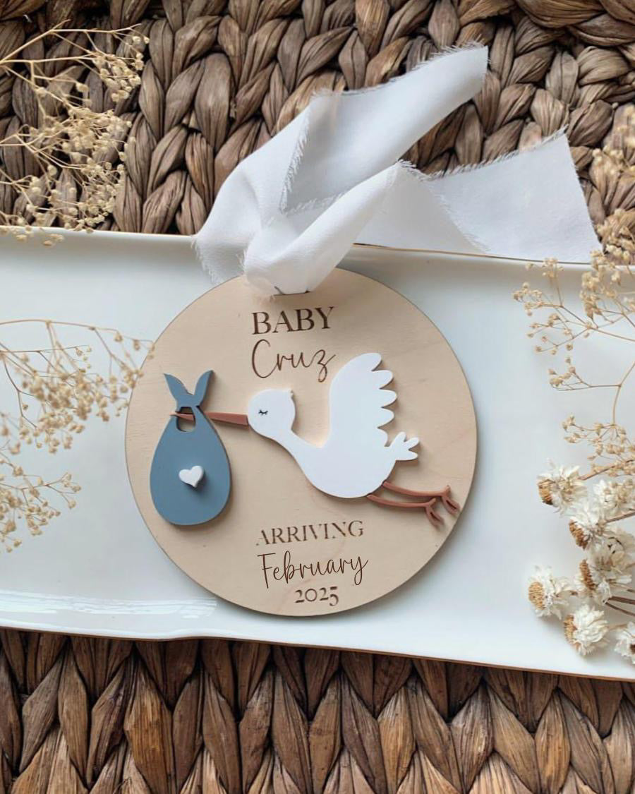 Baby stork ornament, announcement ornament