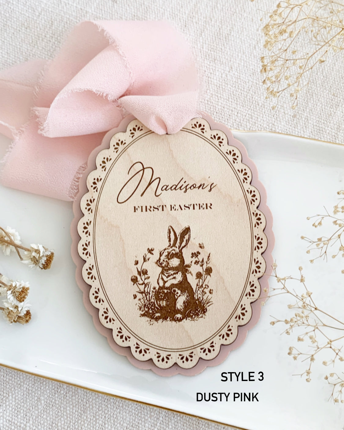 Vintage Scalloped Easter Bunny Basket tag, personalized first Easter tags