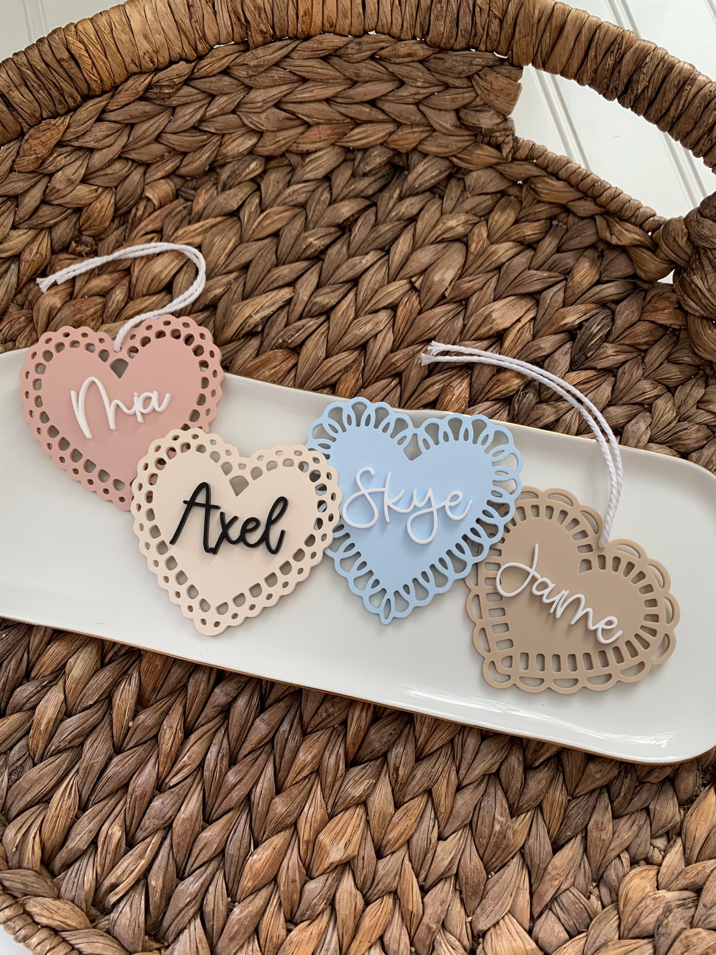 Valentine’s Day Lace heart tags, doily personalized bag basket tags