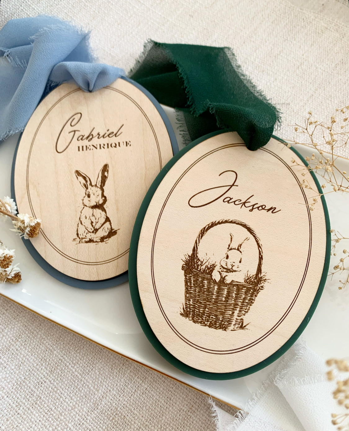 Vintage Scalloped Easter Bunny Basket tag, personalized first Easter tags