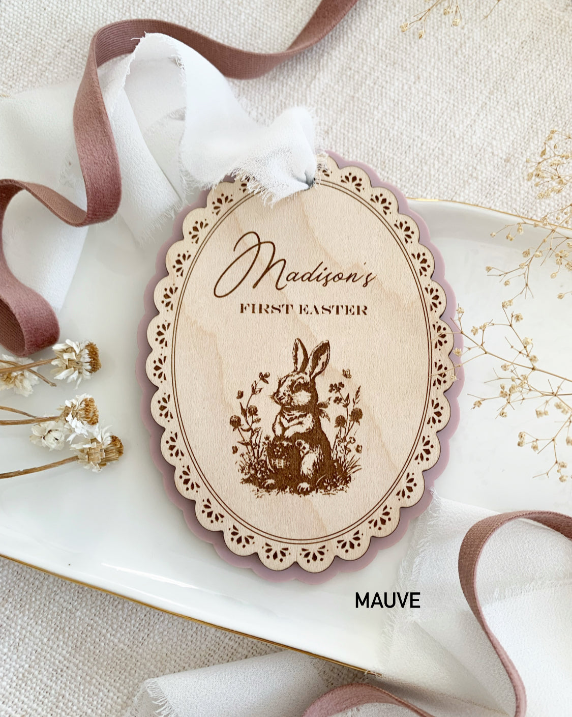 Vintage Scalloped Easter Bunny Basket tag, personalized first Easter tags