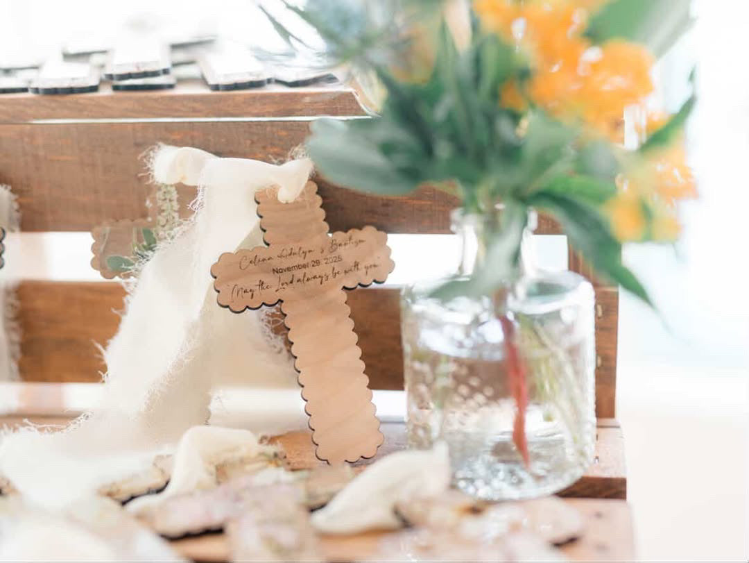 Floral acrylic, wood baptism communion favors, personalized gift favors