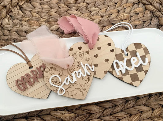 Valentine’s Day basket tags, personalized wooden heart tags