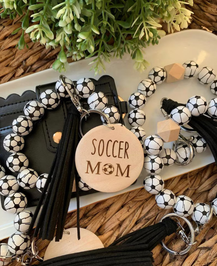 Set - Black Wallet & (Soccer) Wood beaded wristlet with personalized wood disc
