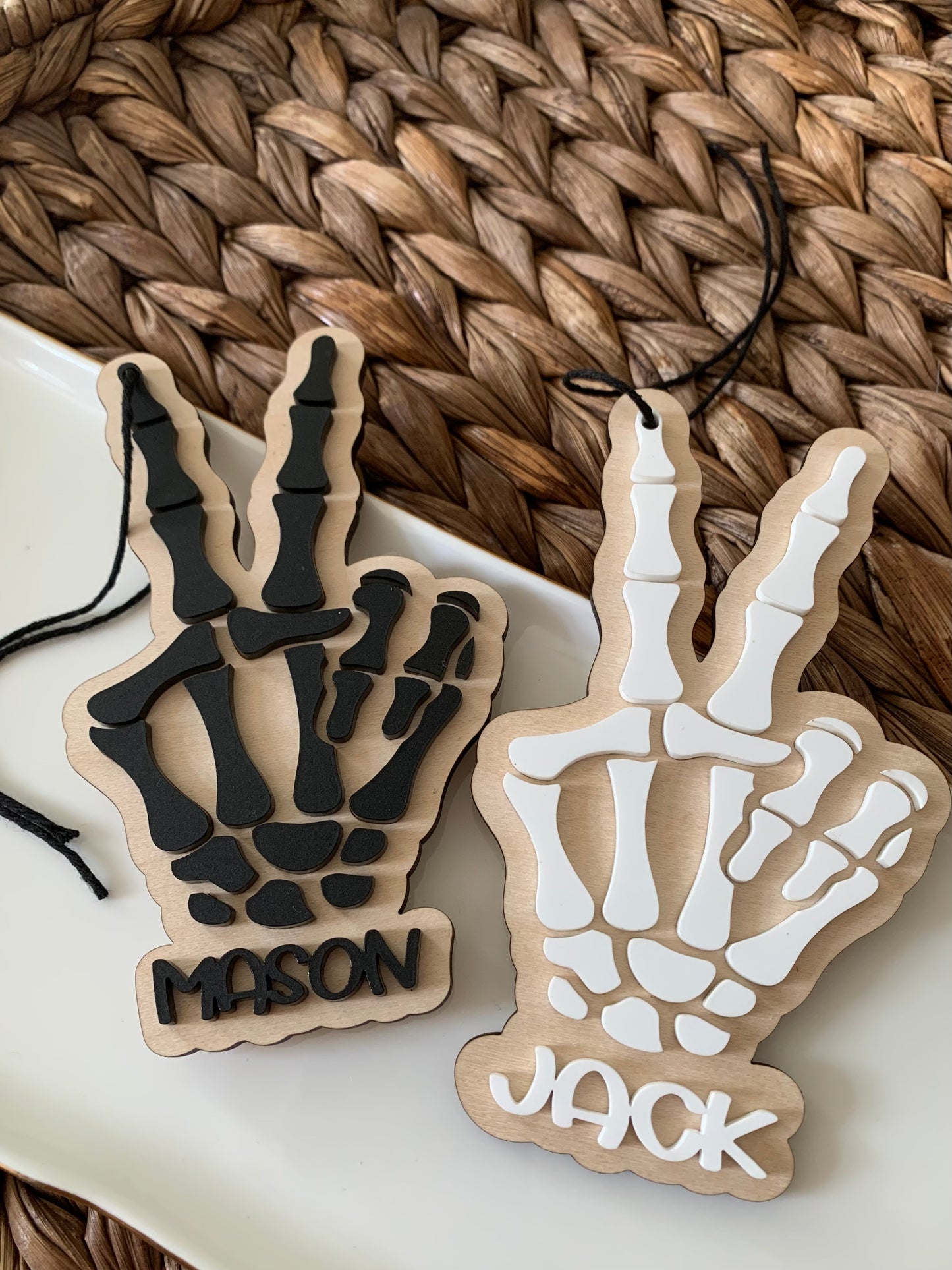 Skelton hand Halloween basket tag, peace sign skeleton