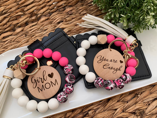 Set - Black Wallet w/Hot pink hearted silicone beaded wristlet with personalized wood disc