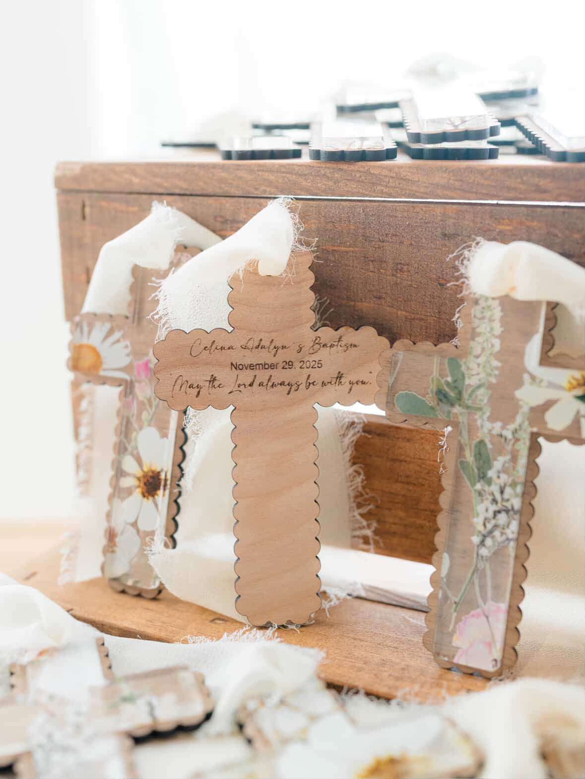 Floral acrylic, wood baptism communion favors, personalized gift favors