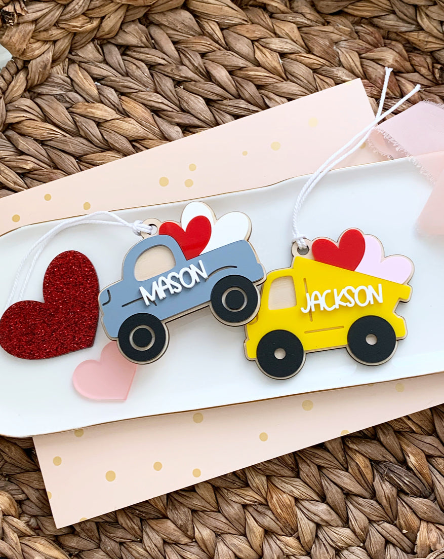 Dump truck pick up truck Valentine’s Day tags