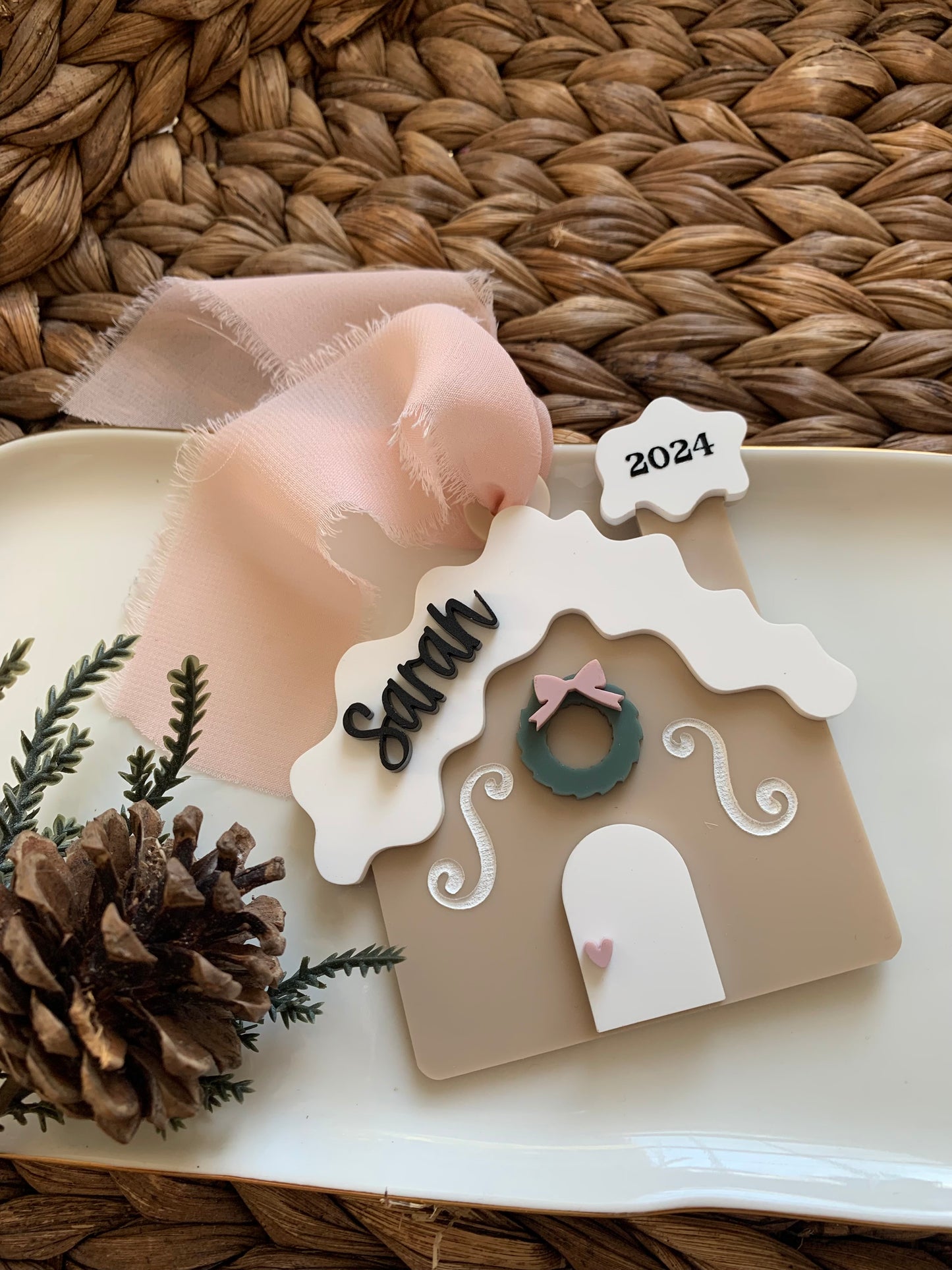 Gingerbread house ornament, personalized pink gingerbread house ornament, Christmas gift tag