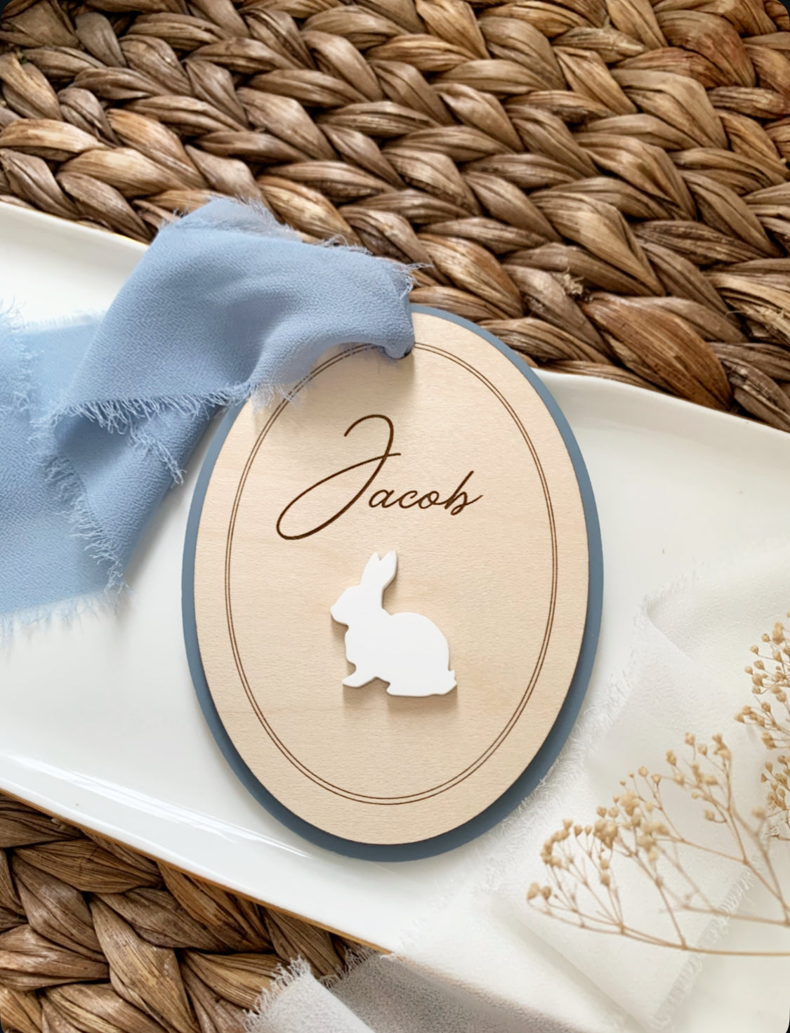 Vintage Scalloped Easter Bunny Basket tag, personalized first Easter tags