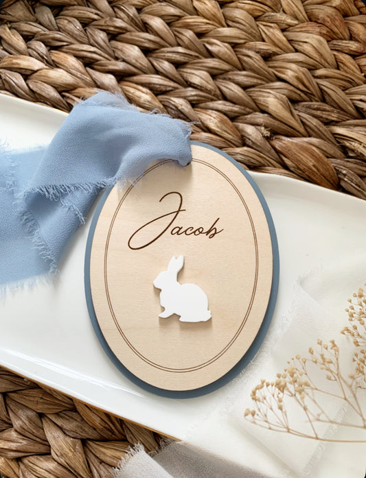 Vintage Scalloped Easter Bunny Basket tag, personalized first Easter tags