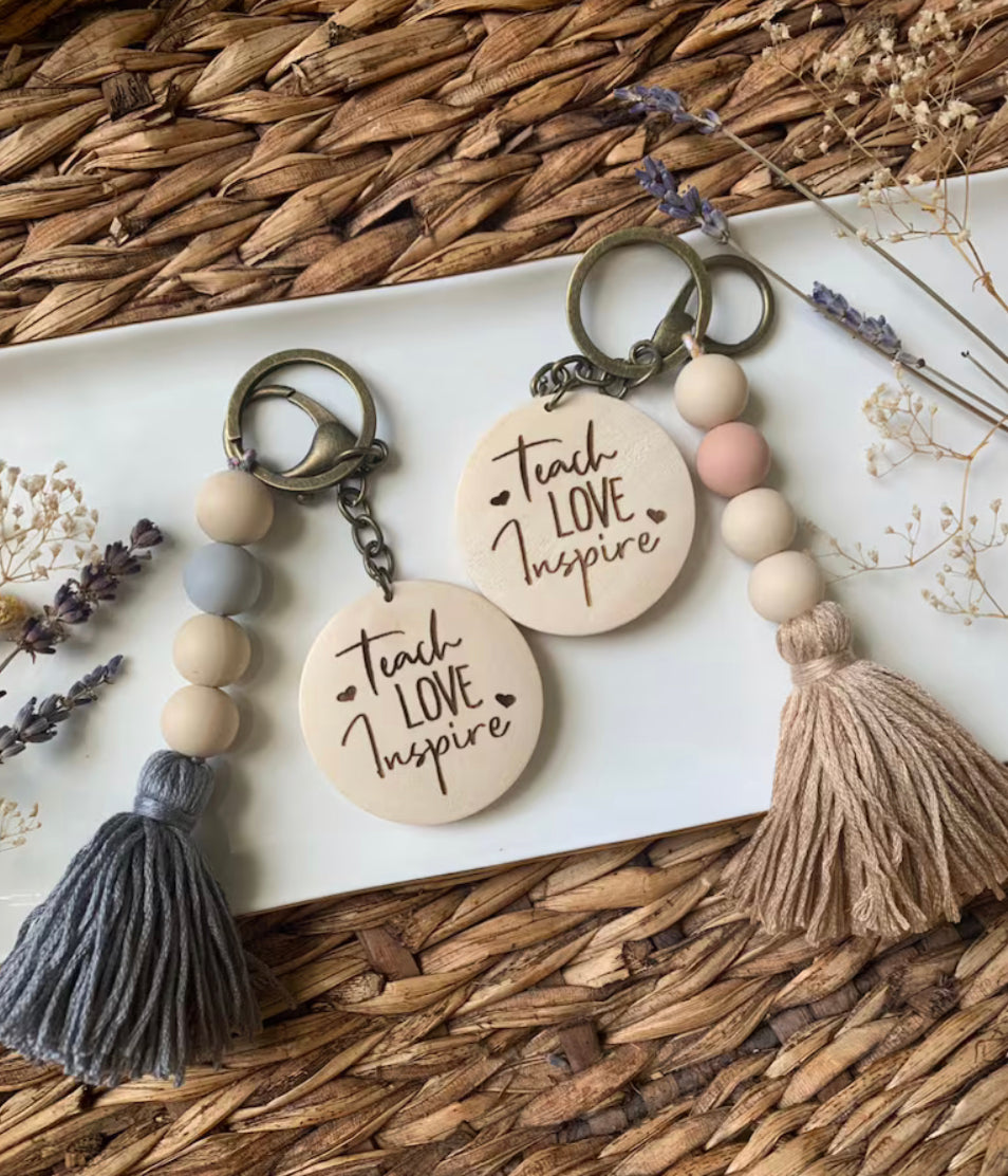 Silicone Beaded Keychain with personalized wood disc