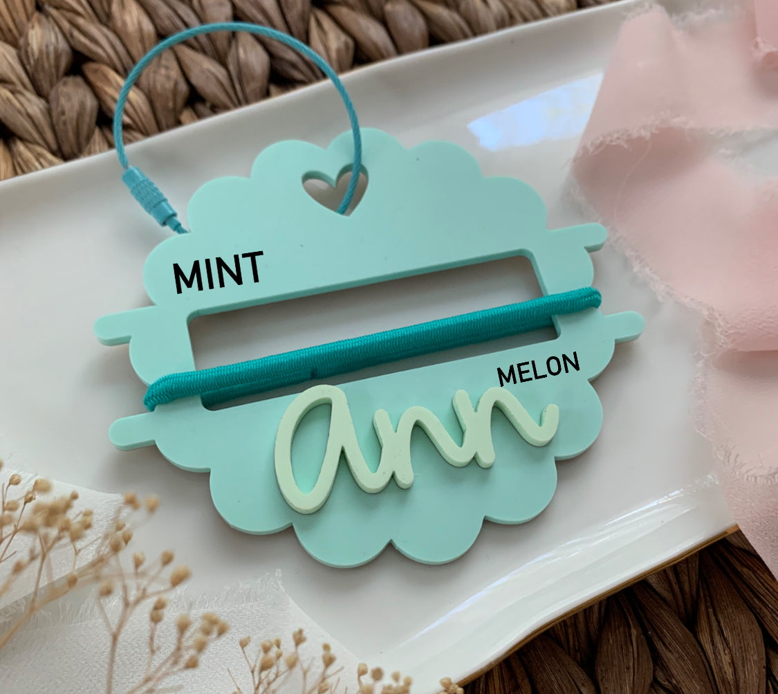 Hair tie keychain holder, personalized bag tag