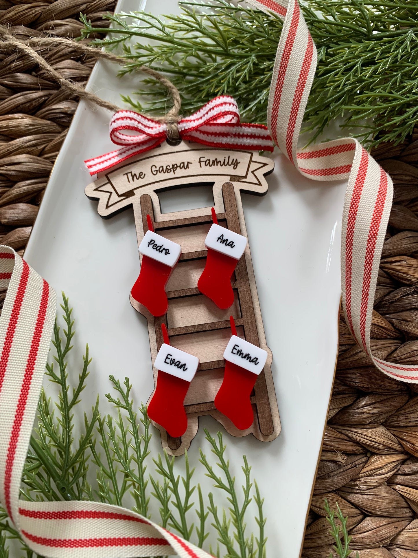 Ladder Christmas ornament with stockings