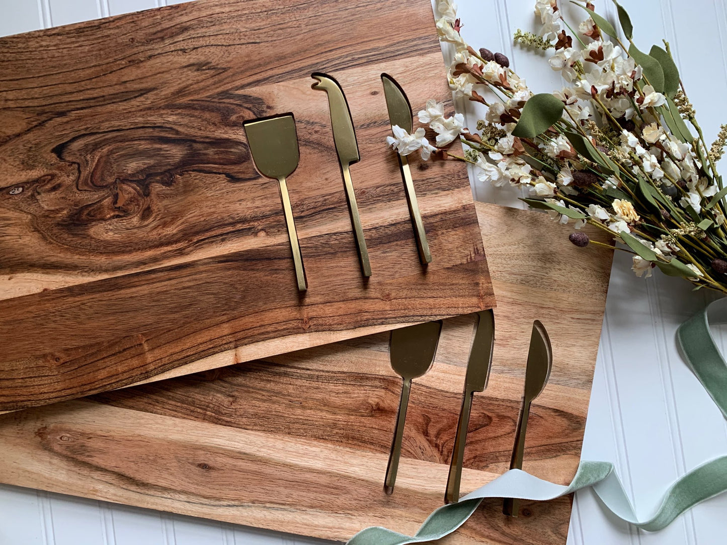 Acacia Wood Cheese Board & Knives Set - Personalized w/family name