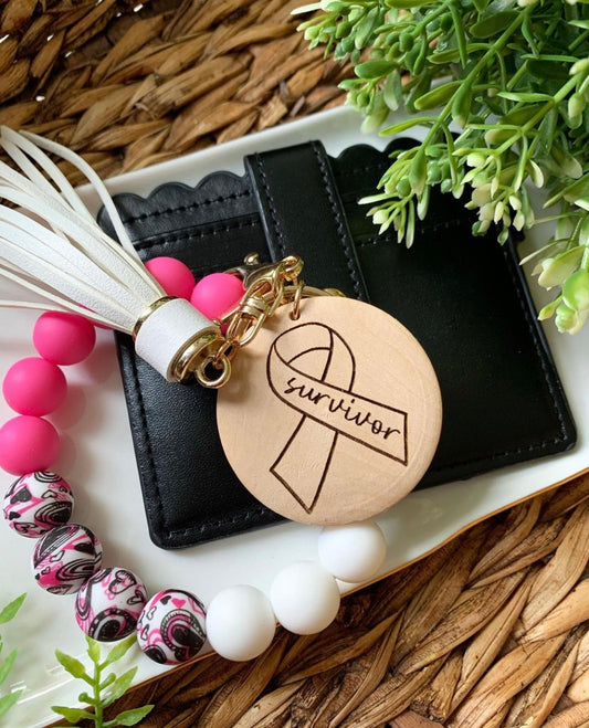 Set - Black Wallet w/Hot pink hearted silicone beaded wristlet with personalized wood disc