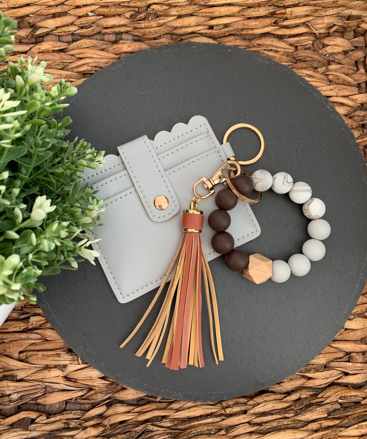 (Set) Silicone Beaded Wristlet & Wallet with personalized wood disc