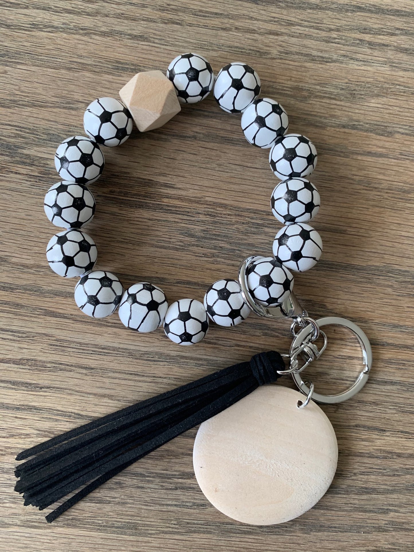 Set - Black Wallet & (Soccer) Wood beaded wristlet with personalized wood disc