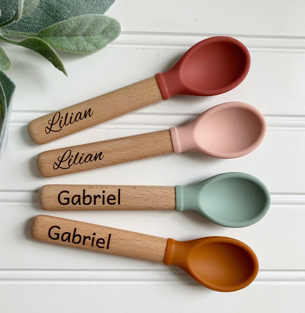 Personalized Silicone Set Utensils, Engraved Baby Utensils, Baby