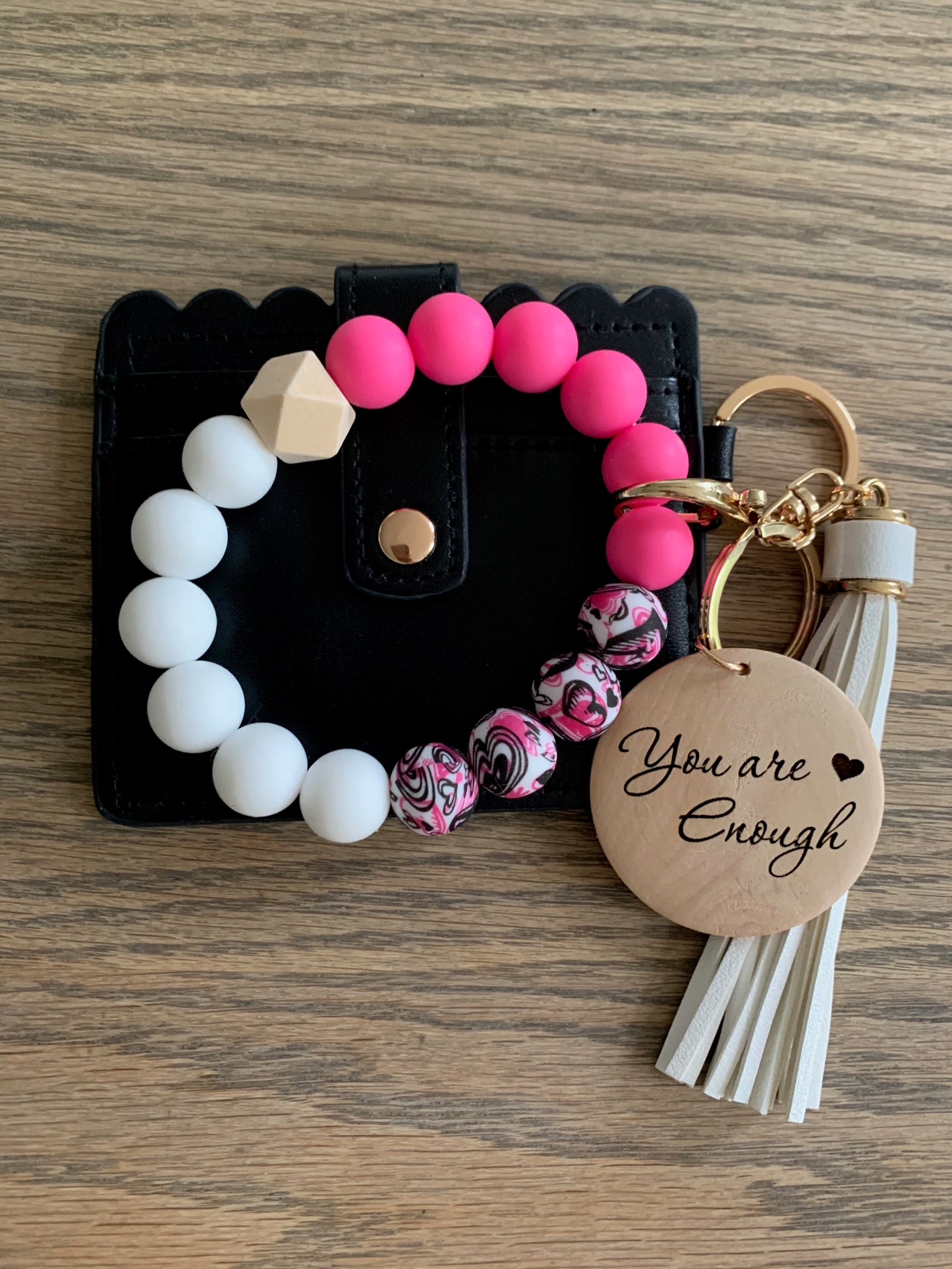 Set - Black Wallet w/Hot pink hearted silicone beaded wristlet with personalized wood disc