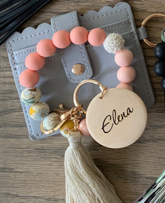 Set - Boho wristlet and wallet keychain set with personalized wood disc