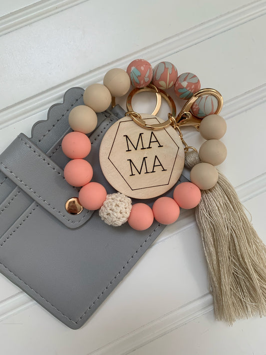 Set - Boho wristlet and wallet keychain set with personalized wood disc
